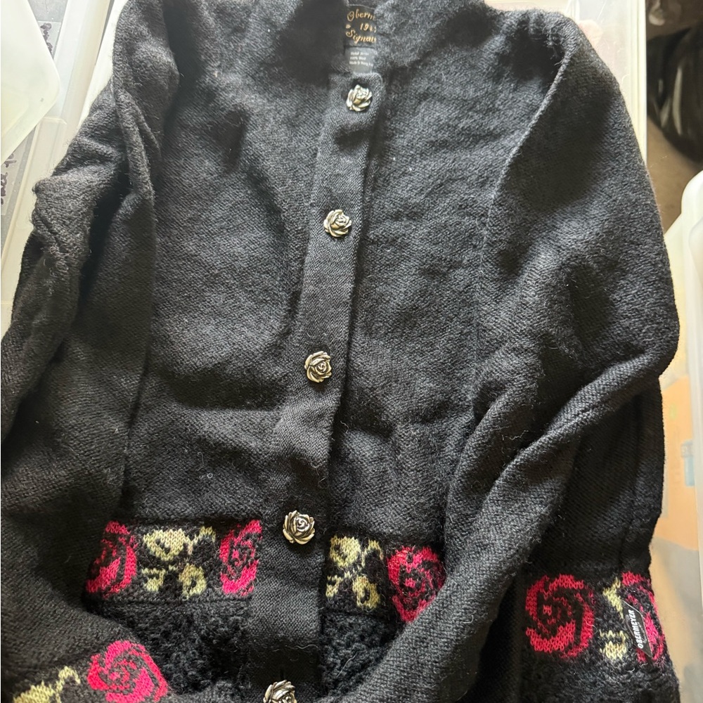 Obermeyer Black Cardigan with Pink and Green Accents